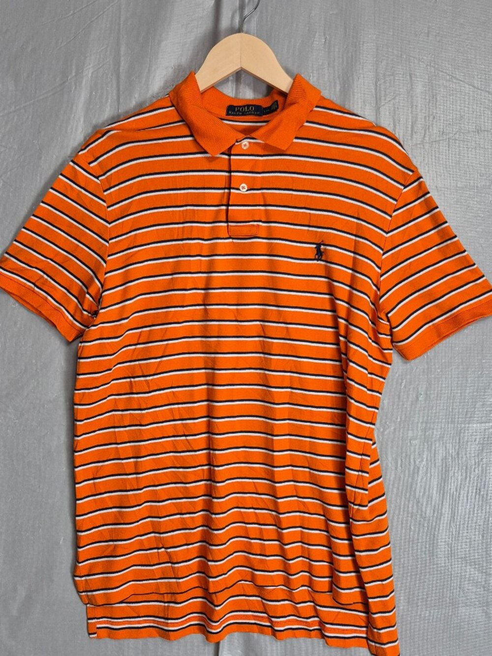 Polo Ralph Lauren Shirt Mens L Orange Blue Striped Short Sleeve Casual Pony 0657